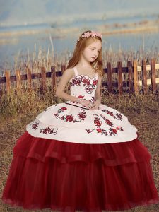 Low Price Red Little Girls Pageant Gowns Party and Wedding Party with Embroidery Straps Sleeveless Lace Up