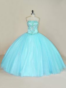 Sexy Aqua Blue Ball Gowns Beading 15 Quinceanera Dress Lace Up Tulle Sleeveless Floor Length