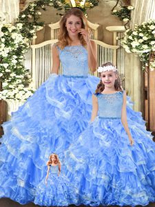 Sophisticated Light Blue Organza Zipper Scoop Sleeveless Floor Length Quince Ball Gowns Lace and Ruffled Layers