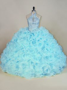 Aqua Blue Sleeveless Fabric With Rolling Flowers Brush Train Lace Up Sweet 16 Dress for Sweet 16 and Quinceanera