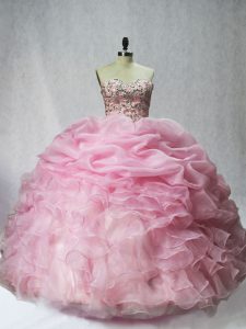 Customized Sweetheart Sleeveless 15 Quinceanera Dress Floor Length Beading and Ruffles and Pick Ups Baby Pink Organza