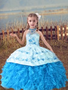 Sweet Sleeveless Lace Up Floor Length Beading and Embroidery and Ruffles Girls Pageant Dresses