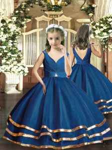 Elegant Floor Length Navy Blue Little Girls Pageant Dress Organza Sleeveless Beading