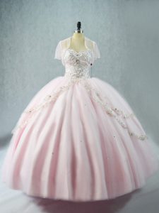Ball Gowns Sweet 16 Dresses Pink Sweetheart Tulle Sleeveless Floor Length Lace Up