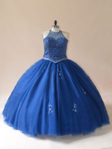 Blue Lace Up Scoop Beading Quinceanera Gowns Tulle Sleeveless