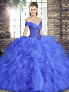 Edgy Blue Sleeveless Beading and Ruffles Floor Length Quince Ball Gowns