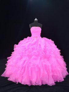 Ideal Pink and Rose Pink 15 Quinceanera Dress Sweet 16 and Quinceanera with Beading and Ruffles Strapless Sleeveless Lace Up