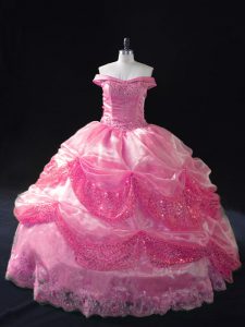 Artistic Sleeveless Floor Length Beading and Sequins Lace Up Sweet 16 Quinceanera Dress with Rose Pink