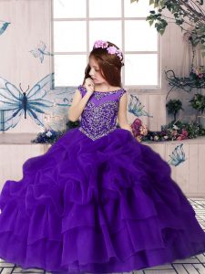 Beading and Pick Ups Little Girls Pageant Dress Wholesale Purple Zipper Sleeveless Floor Length