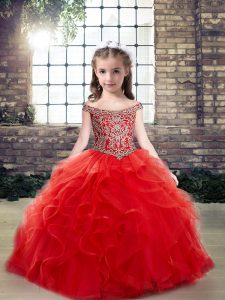 Red Lace Up Off The Shoulder Beading and Ruffles Girls Pageant Dresses Tulle Sleeveless