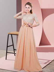 Perfect 3 4 Length Sleeve Chiffon Floor Length Side Zipper Court Dresses for Sweet 16 in Peach with Lace and Belt