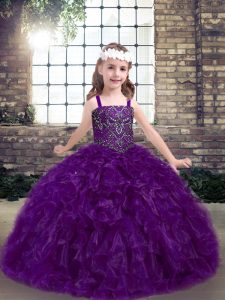 Inexpensive Eggplant Purple Sleeveless Organza Lace Up Child Pageant Dress for Party and Wedding Party