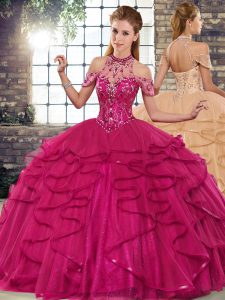 Fancy Floor Length Lace Up Sweet 16 Dress Fuchsia for Military Ball and Sweet 16 and Quinceanera with Beading and Ruffles