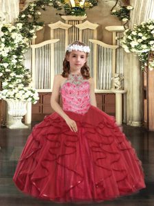 Customized Red Tulle Lace Up Halter Top Sleeveless Floor Length Little Girl Pageant Gowns Beading and Ruffles