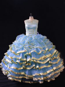 Customized Blue Ball Gowns Organza Scoop Sleeveless Ruffled Layers Floor Length Lace Up Vestidos de Quinceanera