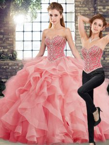 Watermelon Red Tulle Lace Up Sweetheart Sleeveless Quinceanera Gowns Brush Train Beading and Ruffles