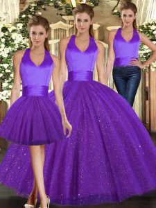 Floor Length Three Pieces Sleeveless Purple Vestidos de Quinceanera Lace Up