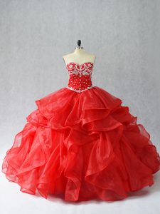 Red Sleeveless Floor Length Beading and Ruffles Lace Up Quinceanera Gown