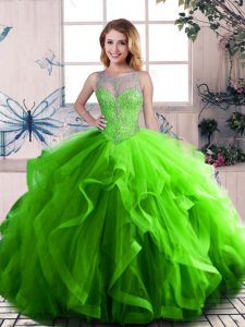 Beauteous Green Ball Gown Prom Dress Sweet 16 and Quinceanera with Beading and Ruffles Scoop Sleeveless Lace Up