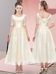 Custom Design Champagne Short Sleeves Tulle Lace Up Court Dresses for Sweet 16 for Wedding Party