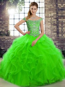 Popular Green Lace Up Off The Shoulder Beading and Ruffles 15 Quinceanera Dress Tulle Sleeveless Brush Train