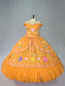 Vintage Floor Length Gold Sweet 16 Dress Organza Sleeveless Embroidery