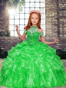 Fancy High-neck Sleeveless Organza Pageant Gowns For Girls Beading Lace Up