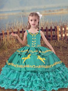 Affordable Straps Sleeveless Lace Up Little Girls Pageant Dress Teal Organza
