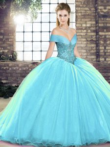 Aqua Blue 15 Quinceanera Dress Military Ball and Sweet 16 and Quinceanera with Beading Off The Shoulder Sleeveless Brush Train Lace Up