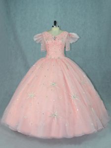 Free and Easy Peach Ball Gowns V-neck Short Sleeves Organza Floor Length Zipper Beading Sweet 16 Quinceanera Dress