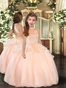 Organza Halter Top Sleeveless Backless Beading Pageant Dress for Girls in Peach