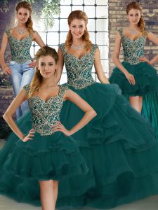 Glittering Peacock Green Sleeveless Tulle Lace Up Quinceanera Gown for Military Ball and Sweet 16 and Quinceanera