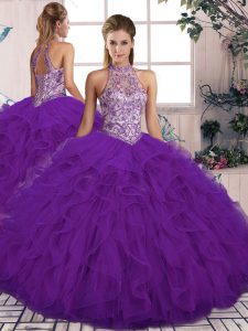 Low Price Purple Tulle Lace Up Sweet 16 Quinceanera Dress Sleeveless Floor Length Beading and Ruffles