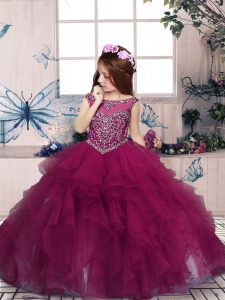 Graceful Fuchsia Zipper Scoop Beading and Ruffles Pageant Gowns For Girls Organza Sleeveless