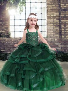 Enchanting Green Ball Gowns Beading and Ruffles Pageant Dress for Womens Lace Up Tulle Sleeveless Floor Length