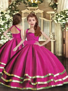 Latest Ruffled Layers and Ruching Kids Pageant Dress Fuchsia Lace Up Sleeveless Floor Length