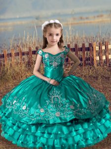 Trendy Turquoise Pageant Gowns For Girls Wedding Party with Embroidery and Ruffled Layers Off The Shoulder Sleeveless Lace Up