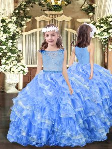 Classical Blue Sleeveless Floor Length Beading and Ruffles Zipper Little Girls Pageant Gowns