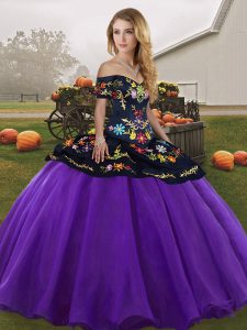 Tulle Off The Shoulder Sleeveless Lace Up Embroidery 15 Quinceanera Dress in Purple