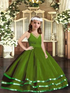 Green Ball Gowns V-neck Sleeveless Tulle Floor Length Zipper Ruffled Layers Kids Formal Wear