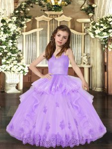Floor Length Lavender Pageant Gowns For Girls Tulle Sleeveless Appliques