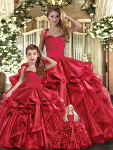 Modest Red Sleeveless Organza Lace Up Quinceanera Dress for Sweet 16 and Quinceanera