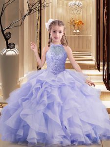 Beading and Ruffles Pageant Gowns For Girls Lavender Lace Up Sleeveless Brush Train
