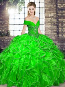 Spectacular Green Ball Gowns Organza Off The Shoulder Sleeveless Beading and Ruffles Floor Length Lace Up Quinceanera Dress