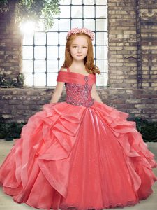 Classical Coral Red Ball Gowns Organza Straps Sleeveless Beading and Ruffles Floor Length Lace Up Child Pageant Dress