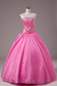 Admirable Ball Gowns 15 Quinceanera Dress Rose Pink Strapless Organza Sleeveless Floor Length Lace Up