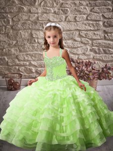 Organza Lace Up Straps Sleeveless Little Girl Pageant Dress Brush Train Beading and Ruffled Layers