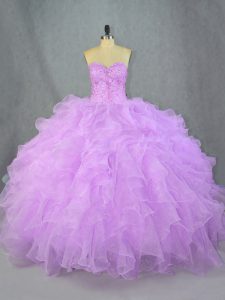 Gorgeous Lavender Lace Up Ball Gown Prom Dress Beading and Ruffles Sleeveless Floor Length