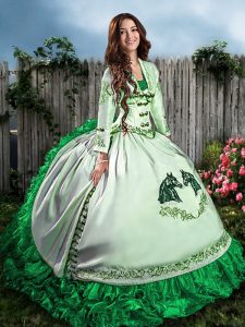 Floor Length Green Quinceanera Dresses Satin Sleeveless Embroidery and Ruffles