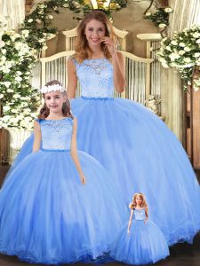 Blue Tulle Clasp Handle Quinceanera Gown Sleeveless Floor Length Lace